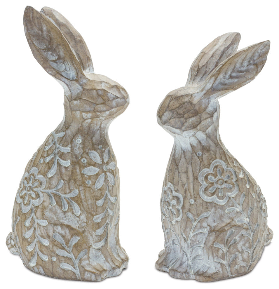 Floral Carved Rabbit Figurine, 2-Piece Set