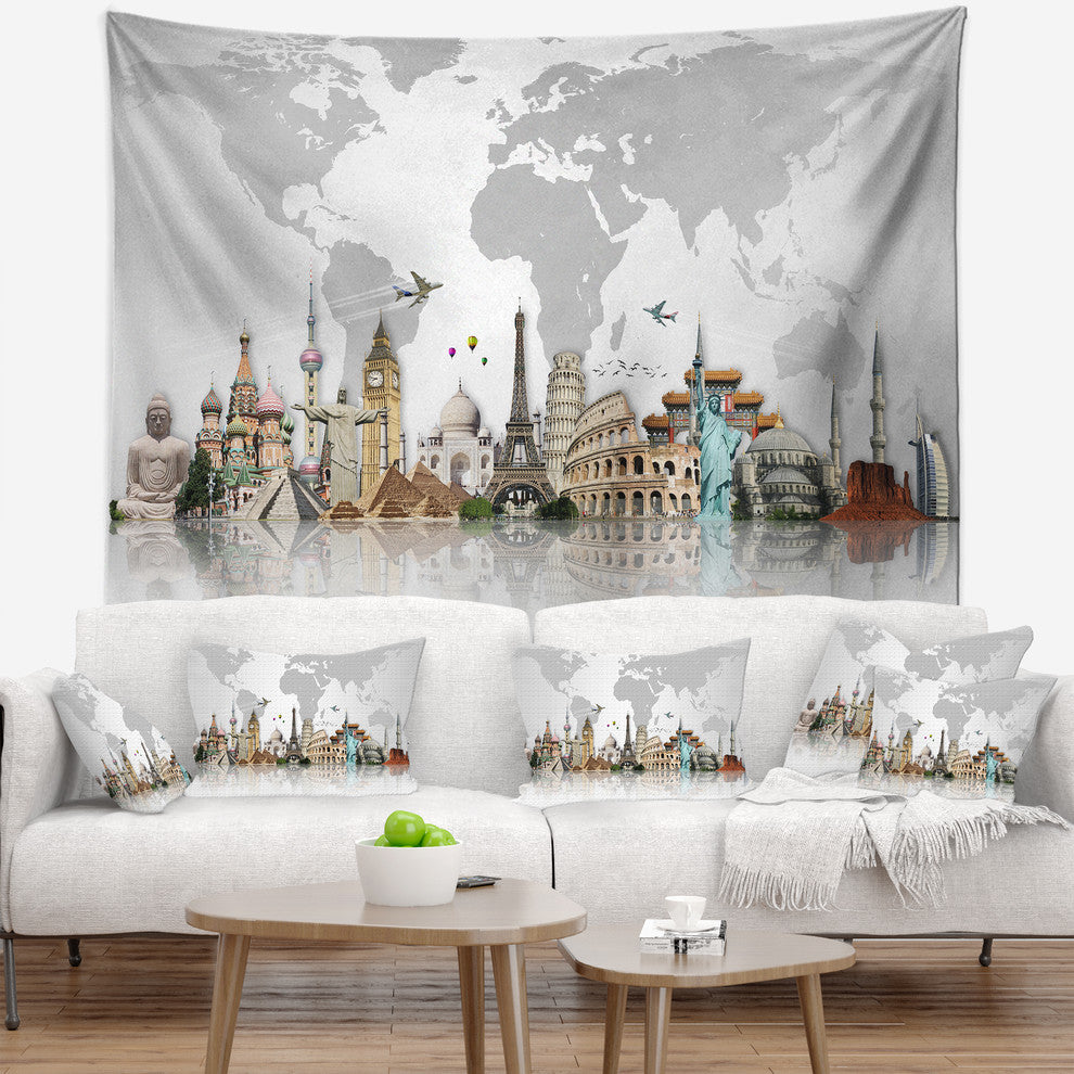 Famous Monuments Across World Wall Tapestry, 39"x32"