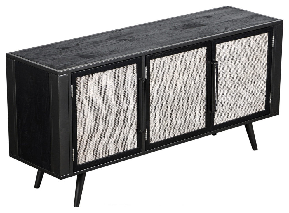 Rustic Black and Rattan Media Cabinet With Three Doors
