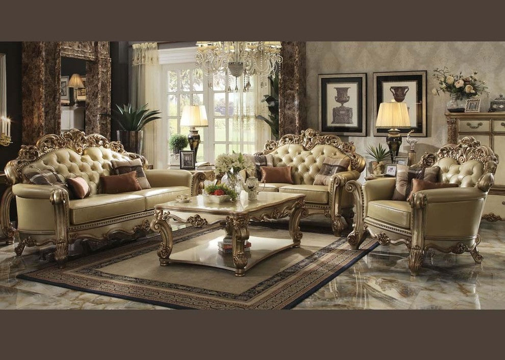 Acme Vendome Loveseat With 3 Pillows, Gold Patina