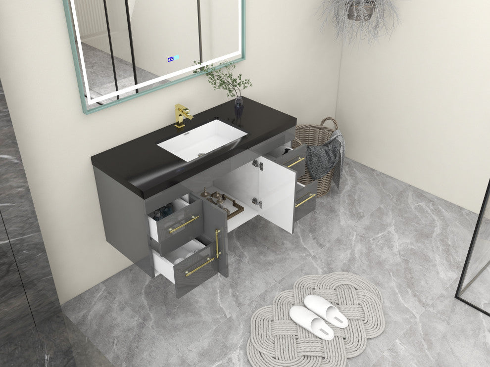 Rosa 48" Wall Mounted Modern Vanity, High Gloss Gray, Matt Black Top
