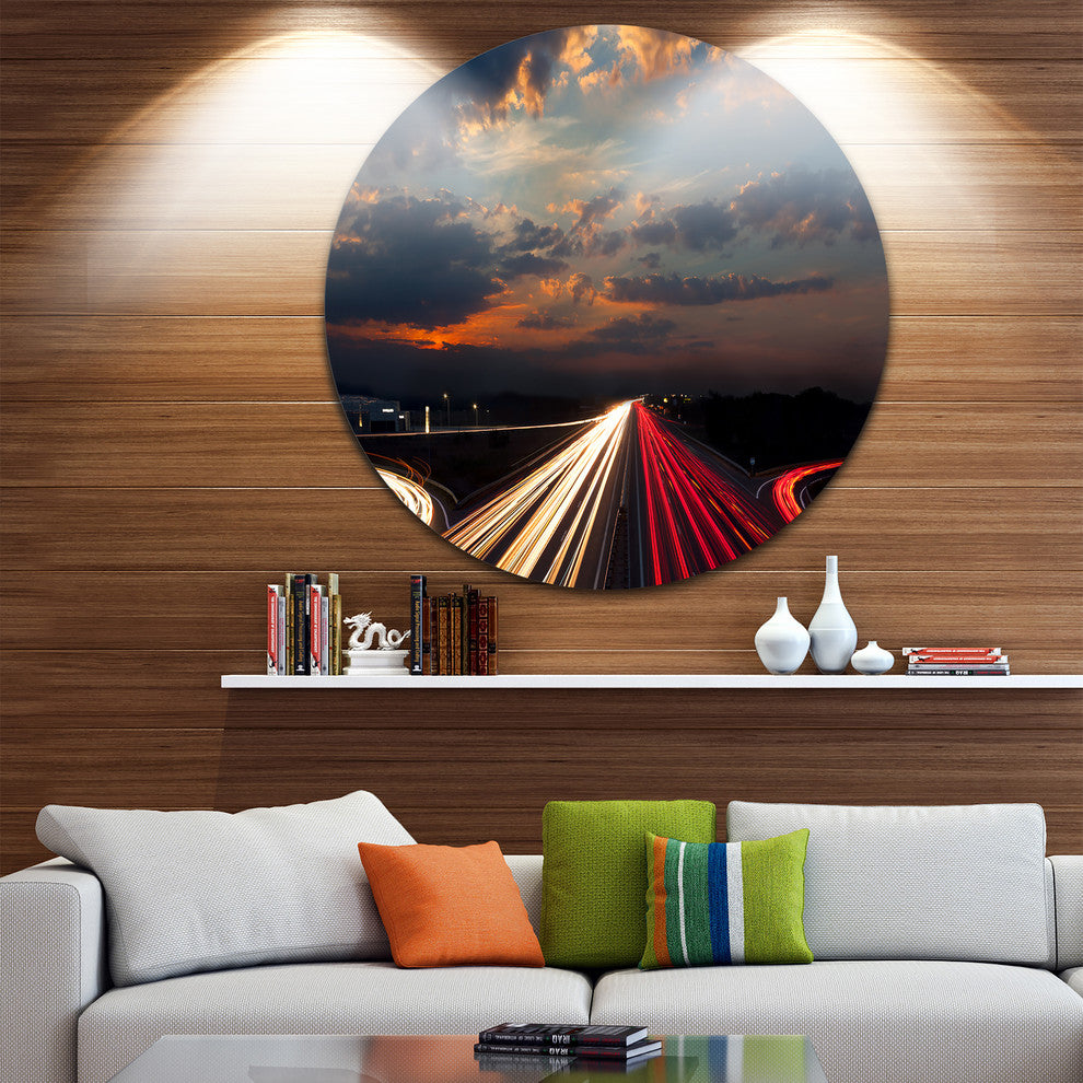 Long Exposure Traffic, Abstract Digital Art Round Metal Wall Art, 11"