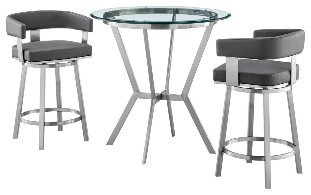 Benzara BM282116 Counter Height Dining Table Set, Round Glass Top, Gray Silver