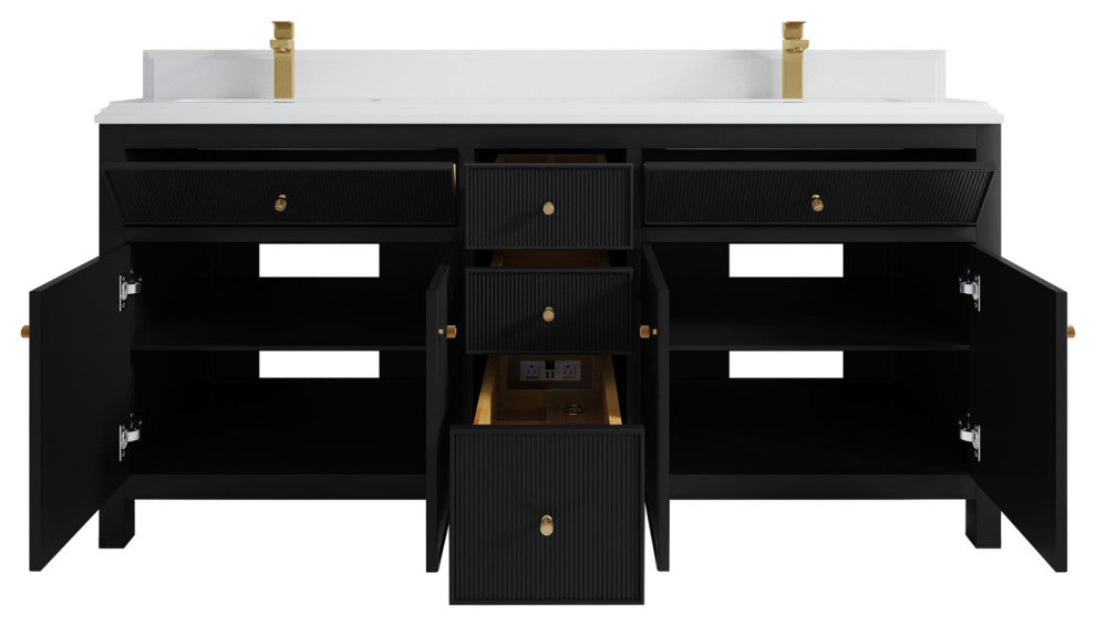 Sonoma 72 Double Sink Reeded Bath Vanity in Black 1.5" White Quartz