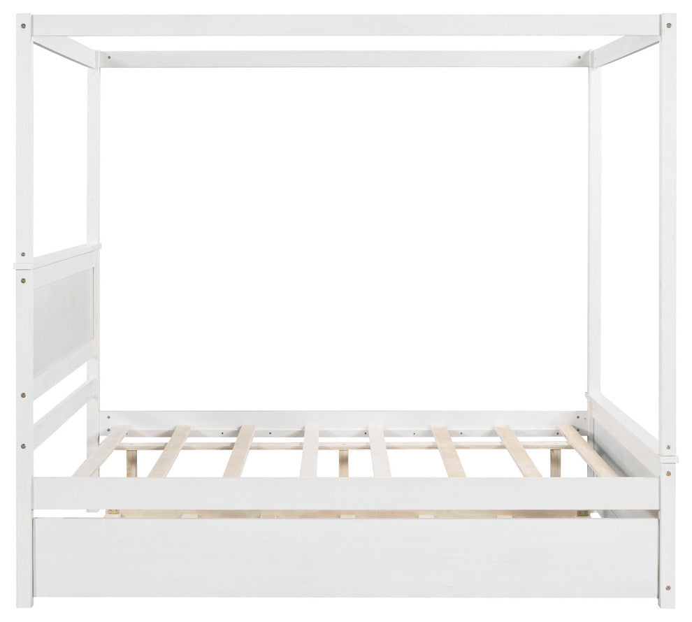 Full Wood Frame Canopy Platform bed with Trundle Bed, White, Full