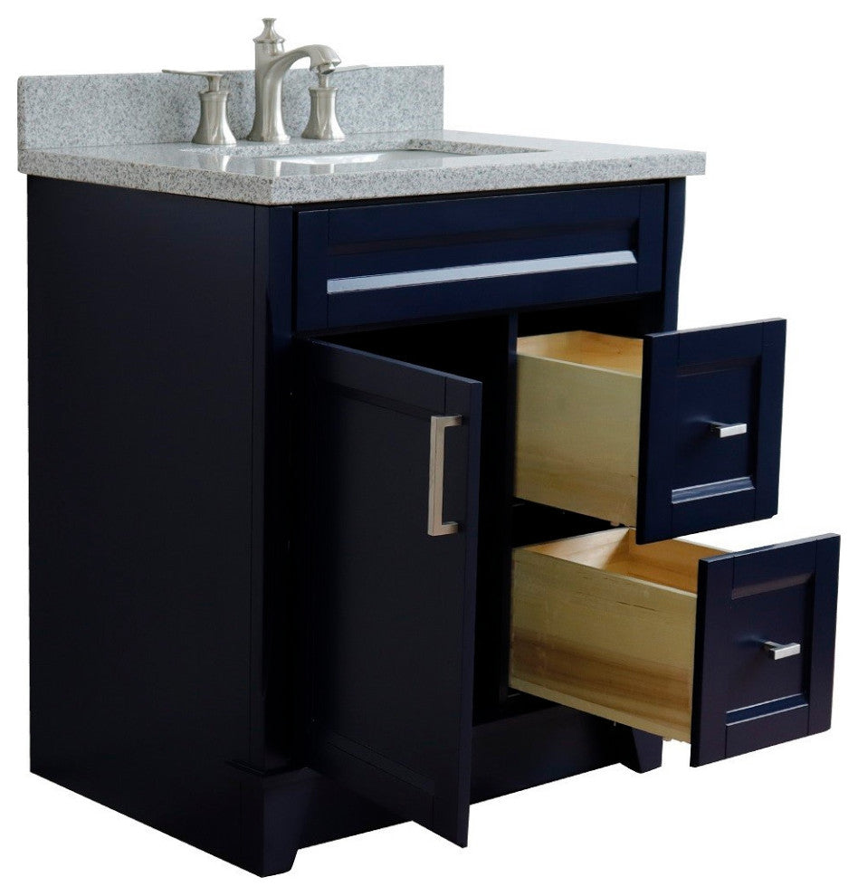 31" Single Sink Vanity, Blue Finish With Gray Granite With Rectangle Sink