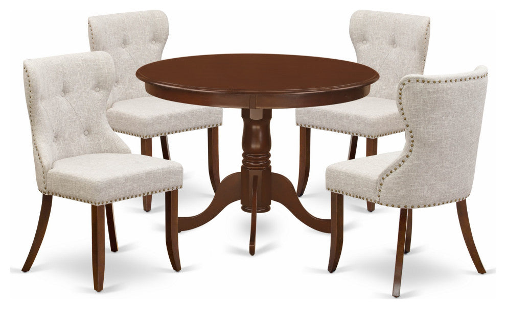 A Dining Set Of 4 Chairs Using Doeskin Color, Table, Mahogany Finish