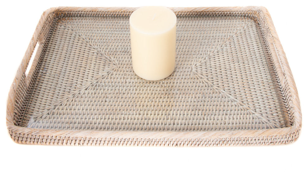 Rectangular Tray With Glass Insert, White Wash, 17"x12"x1"
