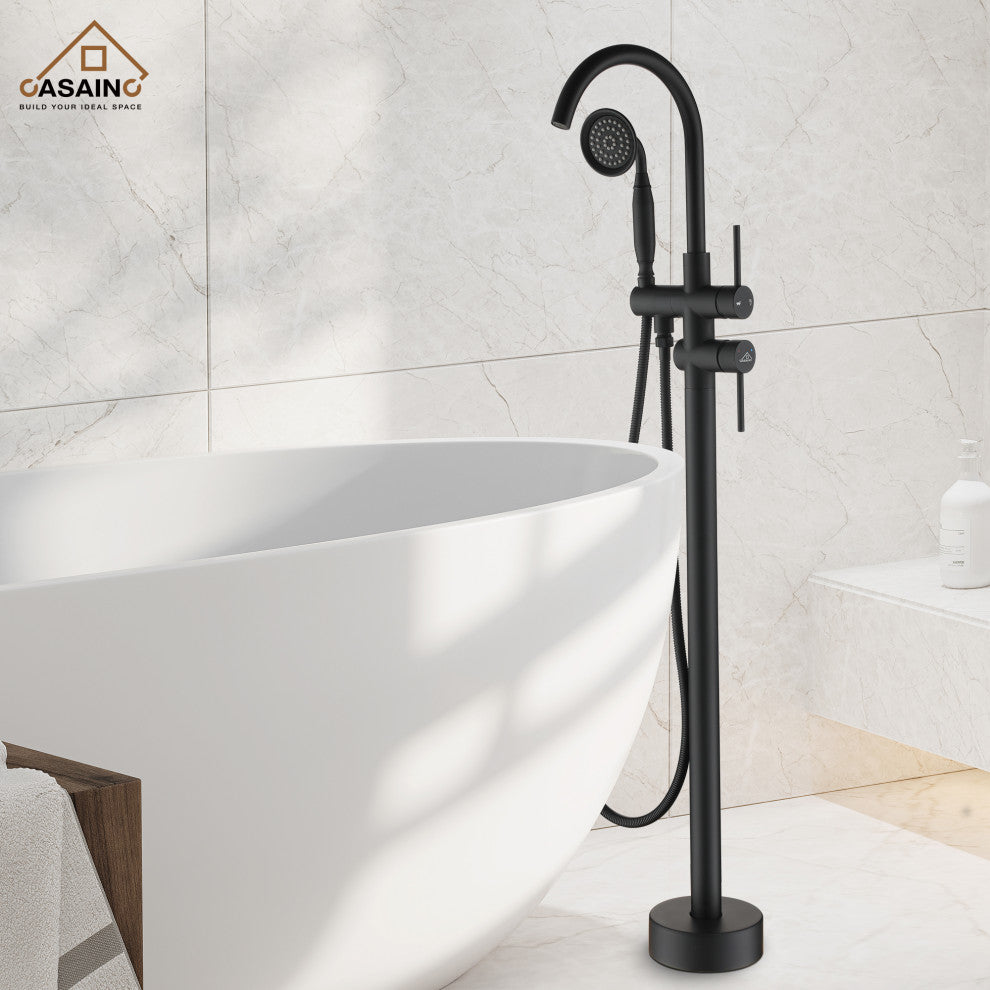 6 GPM Freestanding Bathtub Faucet with Hand Held Shower and Double Handle, Matte Black
