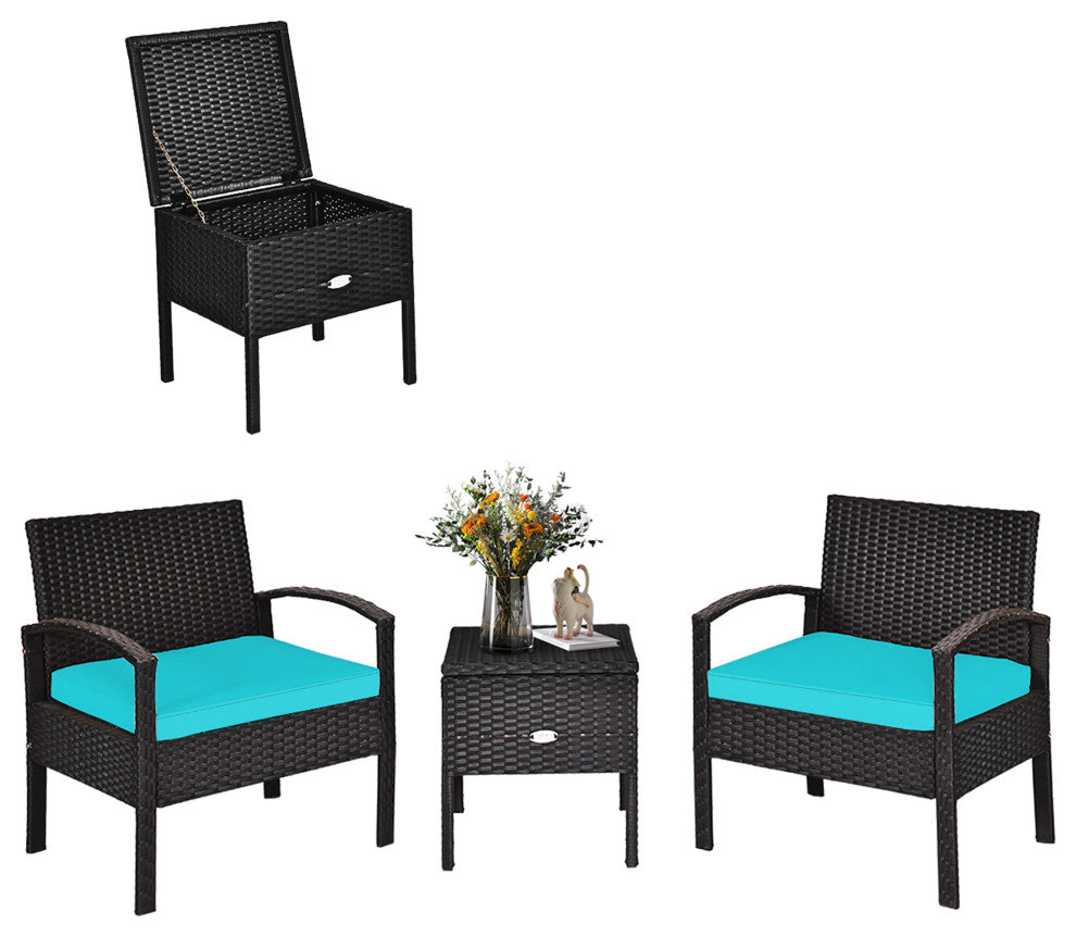Costway 3PCS Patio Rattan Furniture Set Storage Table Cushioned Sofa Turquoise