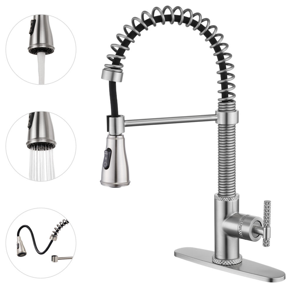 Single Handle Kitchen Faucet Pull-Down Sprayer, 360 Swivel, Three Functions, Brushed Nickel