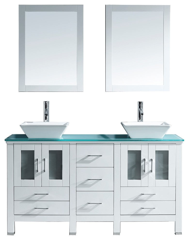 Bradford 60" Double Bathroom Vanity Set, White, Glass Top, Polished Chrome