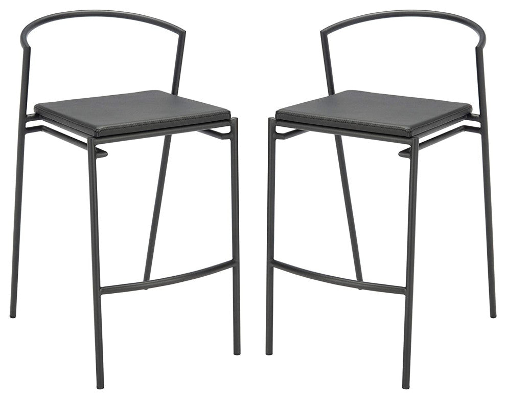 Set of 2 Counter Stool, Sleek Metal Frame & Square Vegan Leather Seat, Black