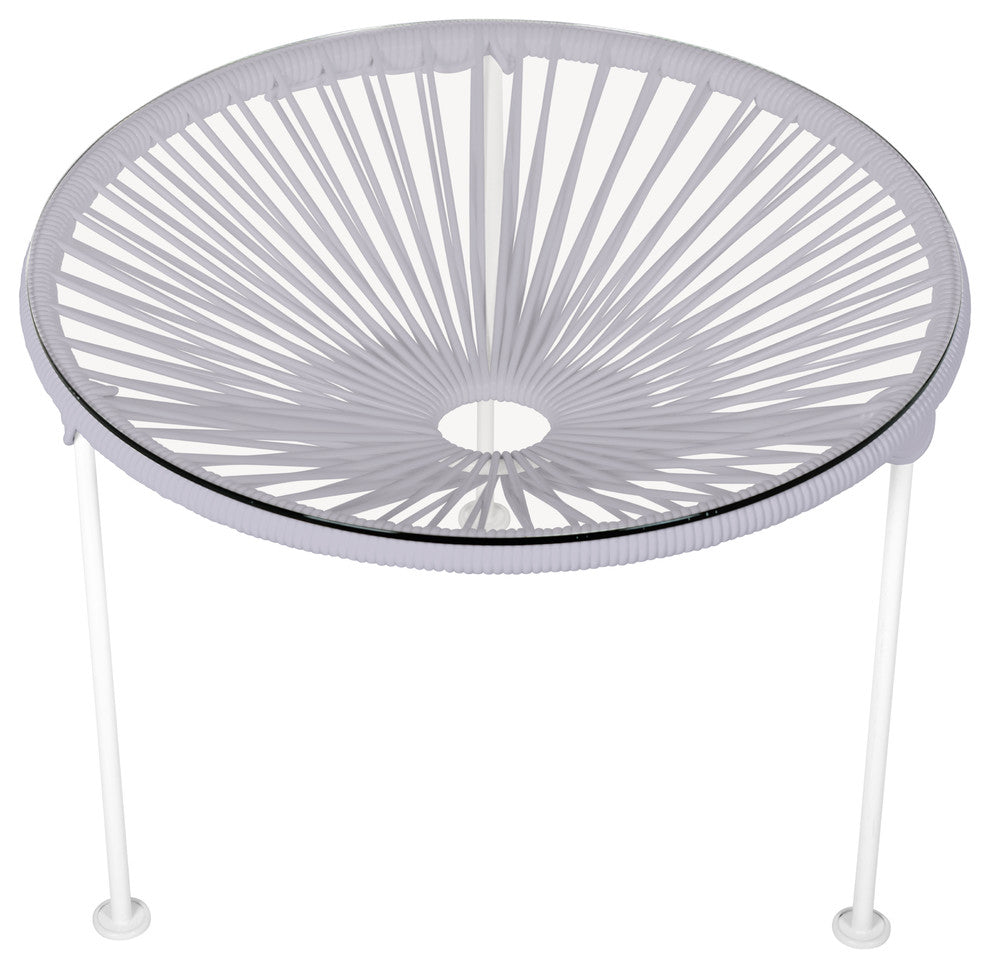 Zicatela Indoor/Outdoor Handmade Side Table, Clear Weave, White Frame