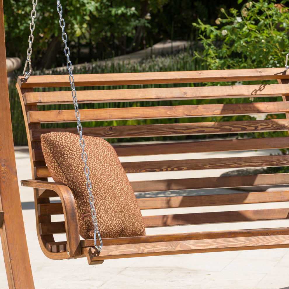 GDF Studio Marlette Outdoor Teak Stained Wood Swinging Bench And Base