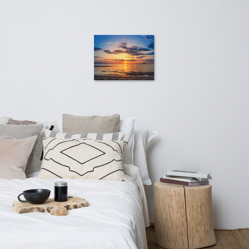 Sunset at Breakwater Lighthouse Coastal Landscape Photo Canvas Print, 18" X 24"