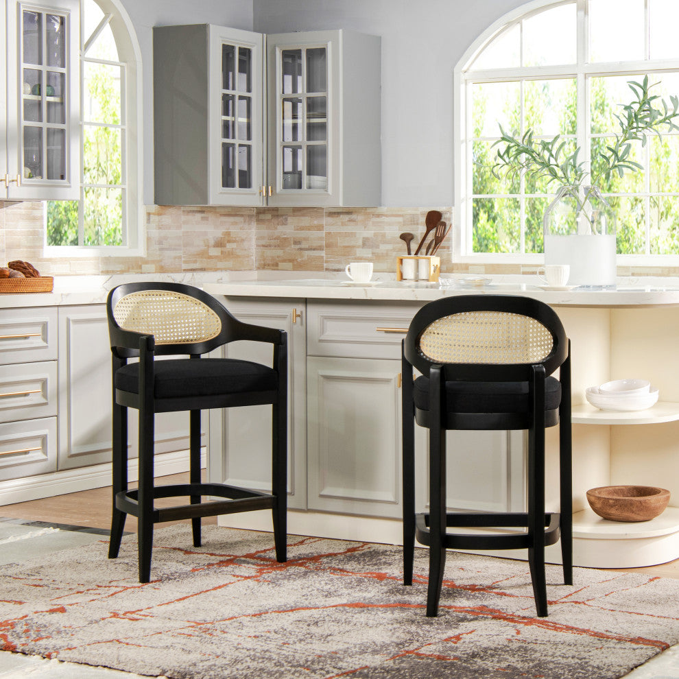 Americana Mid-Century Modern Rattan Cane Back Stool, Jet Black Woven, 26" Counter Height