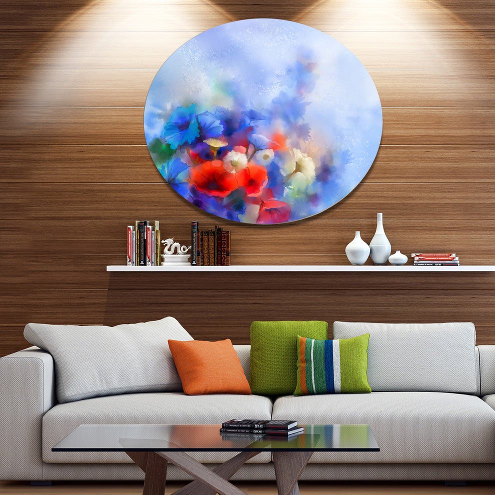 Blue Corn Flowers And Red Poppies, Flower Disc Metal Artwork, 11"