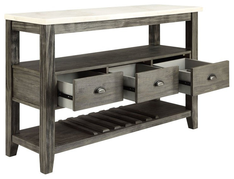 Farmhouse Sideboard, Marble Top With Storage Drawers & Open Shelves, White/Grey