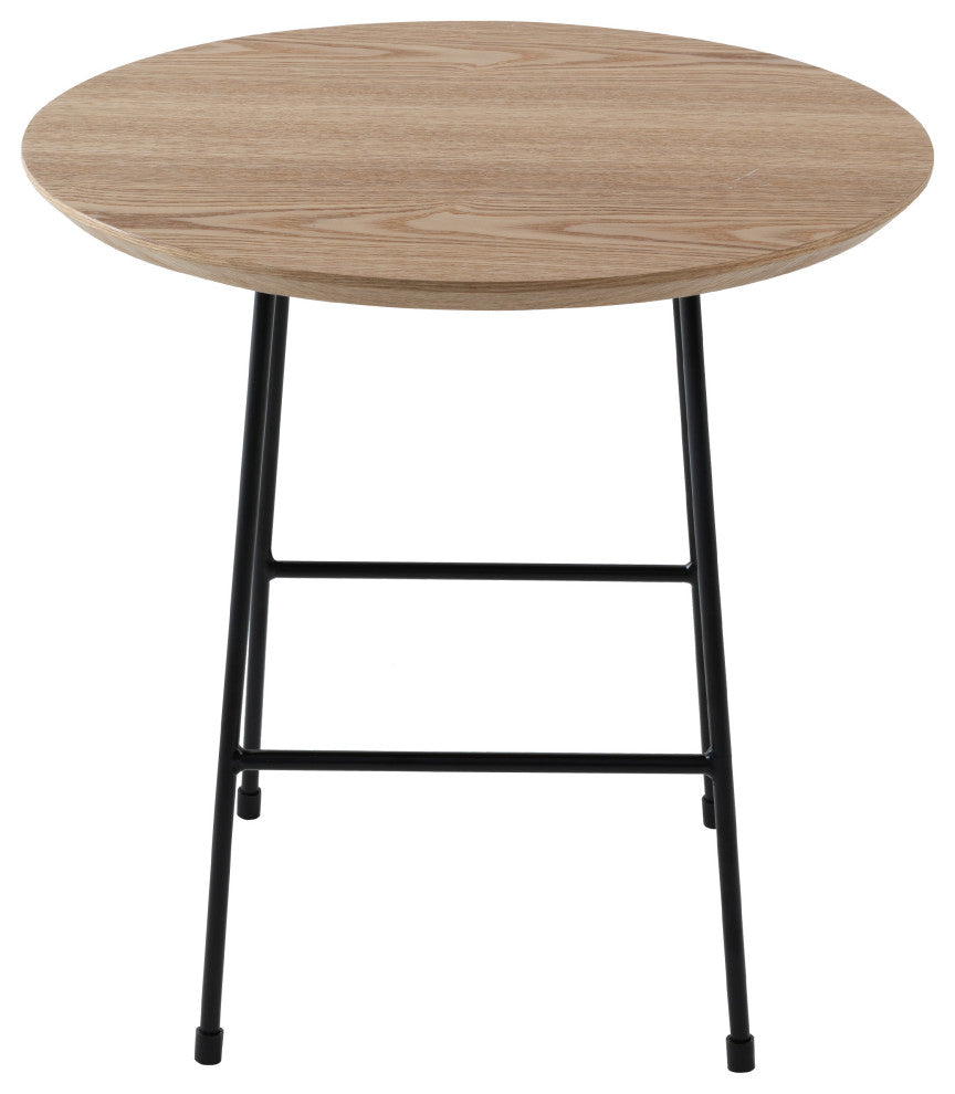 LeisureMod Rossmore Modern Round Side Table With Black Steel Frame, Natural Wood