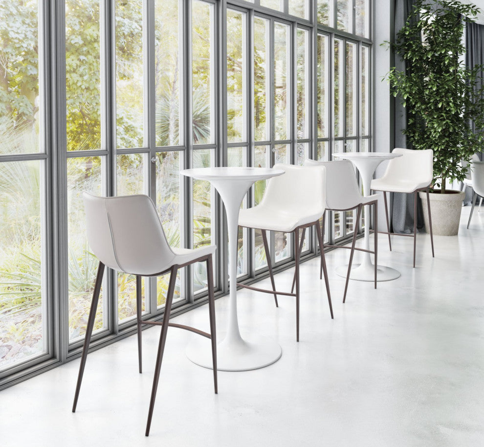 Bar Stool Chair Barstool, Set of 2, Faux Vinyl Leather, Steel, White, Walnut