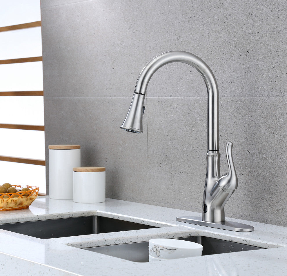 Runfine Hands Free Single-Handle Pull down Sprayer Kitchen Faucet, Brushed Nicke