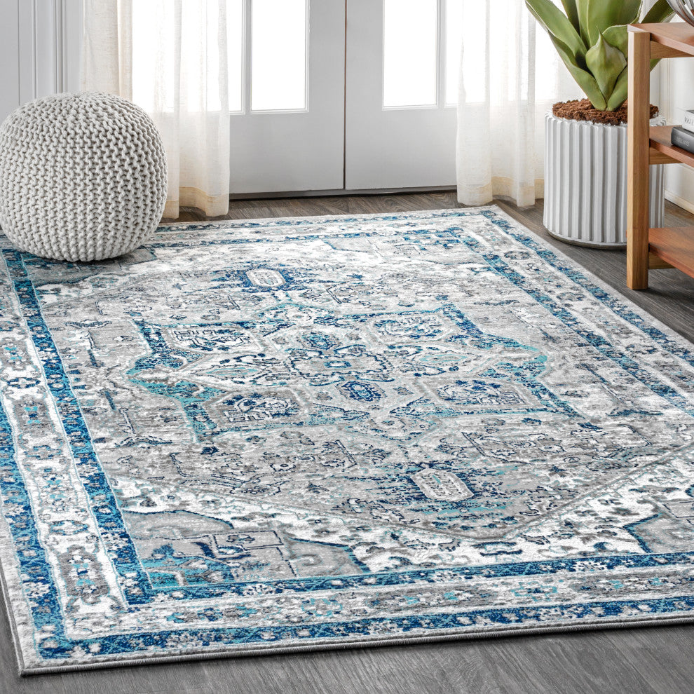 Modern Persian Vintage Medallion Area Rug, Slate, 9 X 12