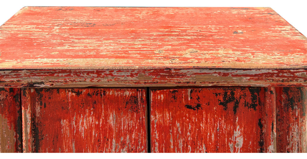 16.25" Oriental Distressed Orange Red 2 Doors End Table Nightstand Chest
