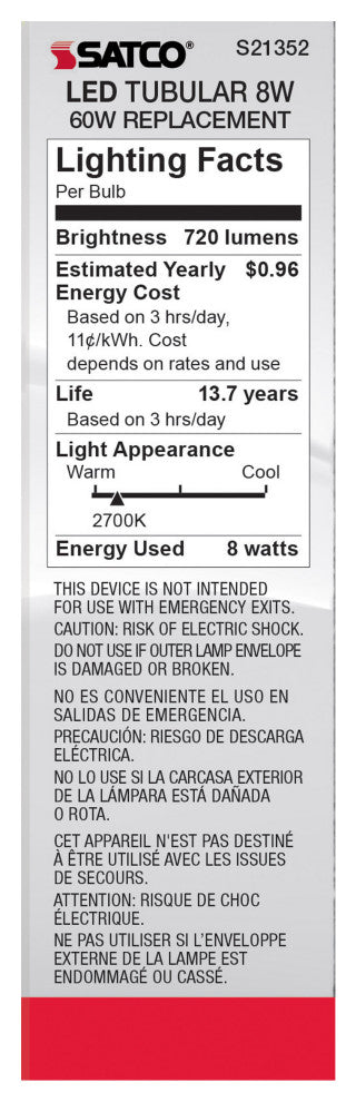 8W T10 LED, Frost, Medium Base, 90 CRI, 2700K, 120V