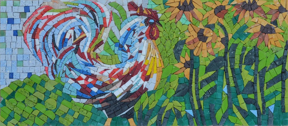 Mosaic Wall Art, Rooster and Sunflowers, 20"x9"