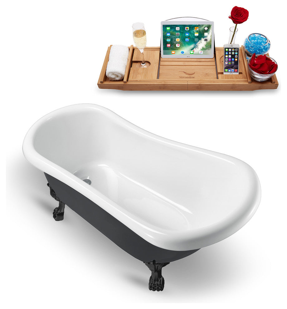 61" Black Clawfoot Tub and Tray, Black Feet, Chrome Internal Drain