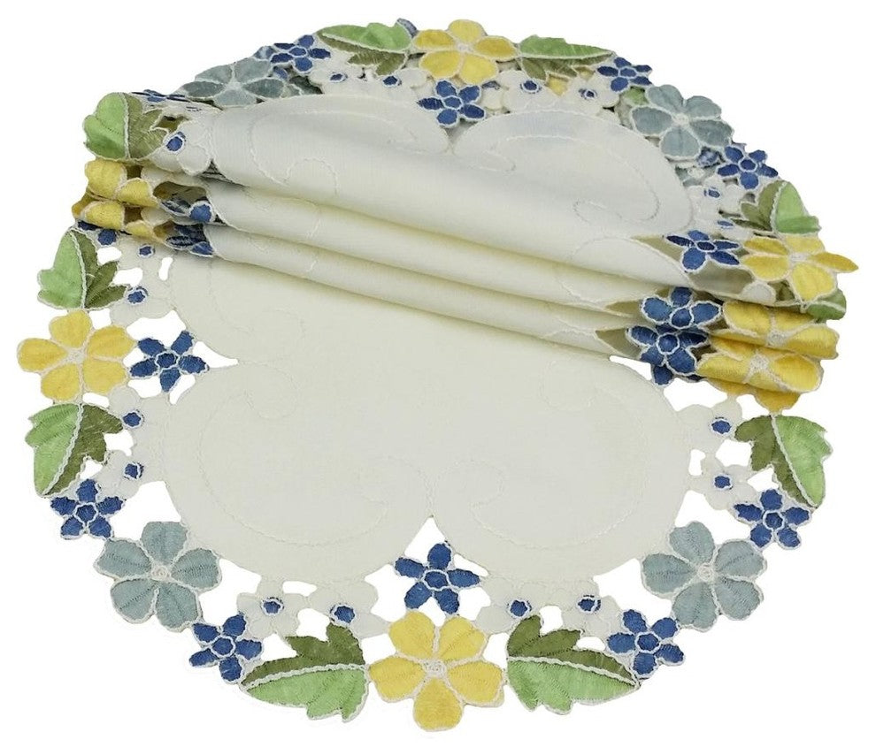 Fancy Flowers 12" Round Doily, Blue, Set of 4