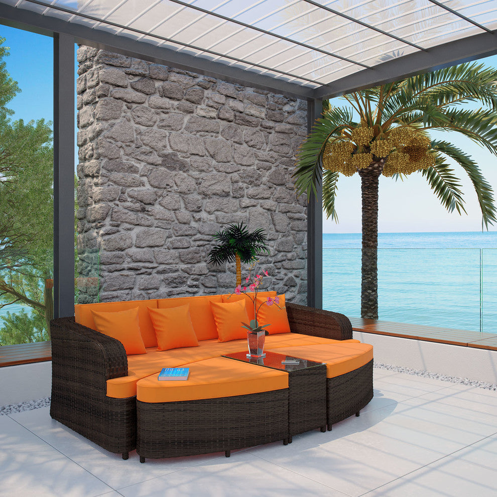 Modern Contemporary Outdoor Patio Rattan and Wicker Sofa, 4-Piece Set, Orange