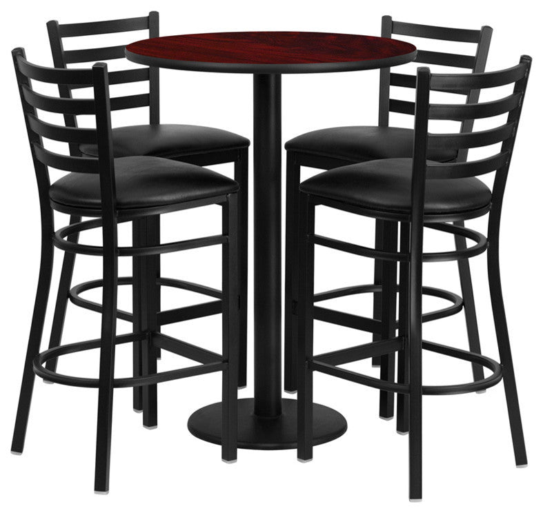 30" Round Mahogany Laminate Table Set With 4 Ladder Back Barstools, Black