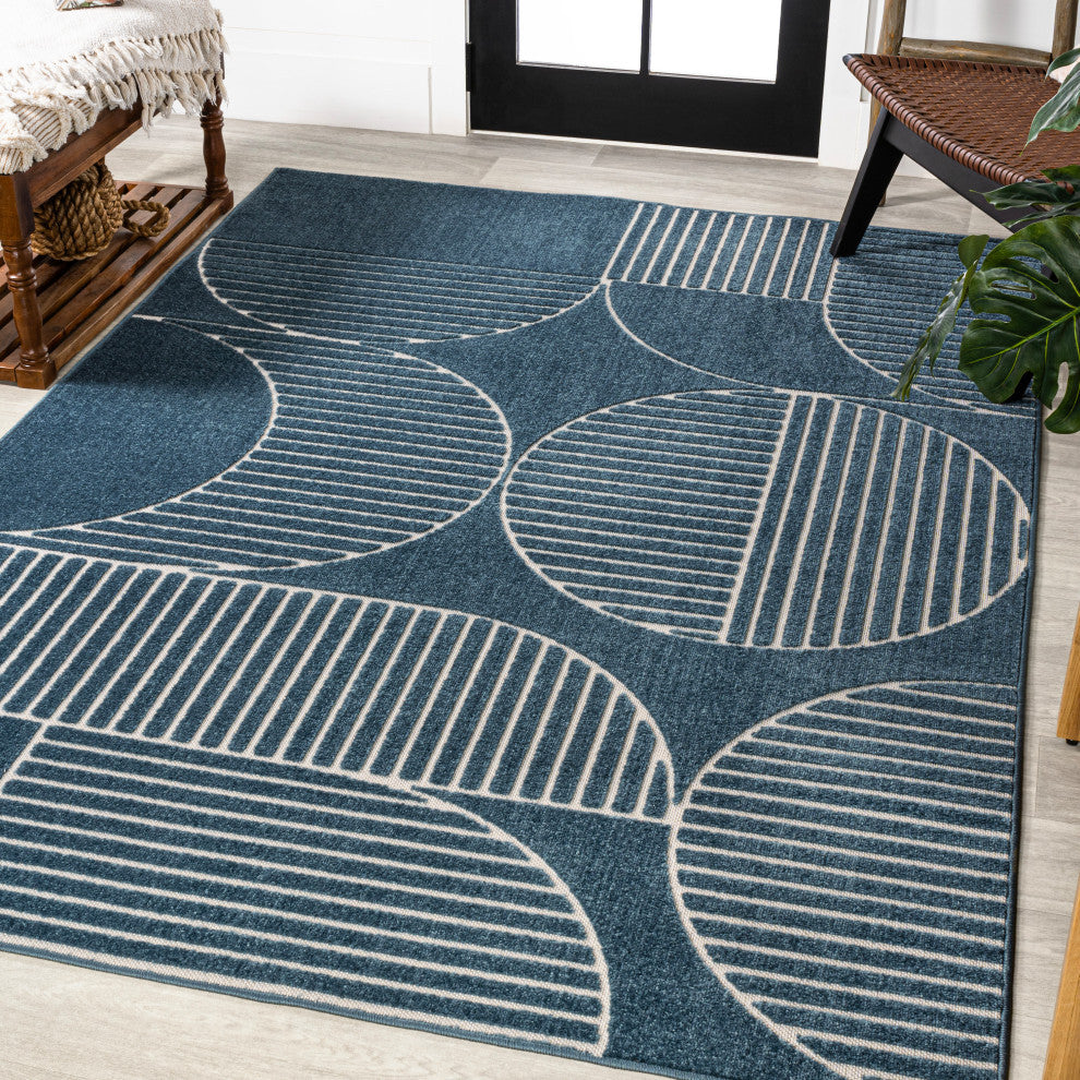High-Low Arch Scandi Striped Navy/Cream 3 ft x 5 ft Indoor/Outdoor Area Rug