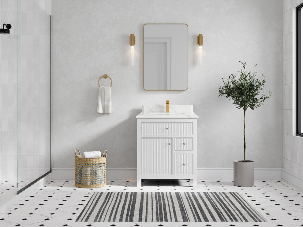 Sonoma 30 Single Sink Reeded Bath Vanity in White 1.5" Calacatta Laza