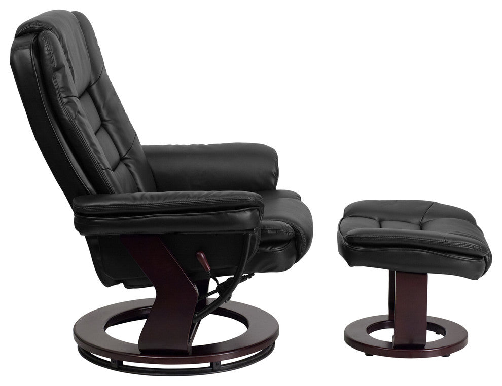 Black Leather Recliner and Ottoman With Swiveling Mahogany Wood Base