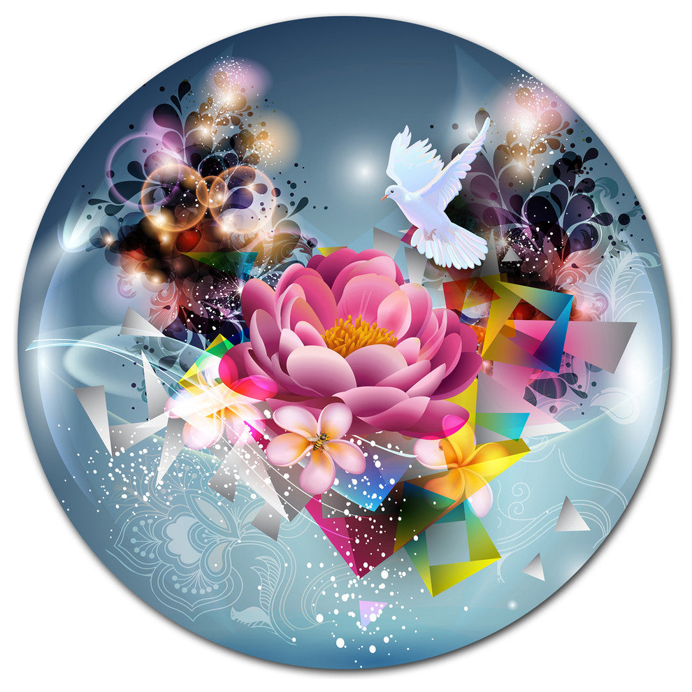 Flowers And Dove Abstract Design, Floral Wall Disc Metal Wall Art, 11"