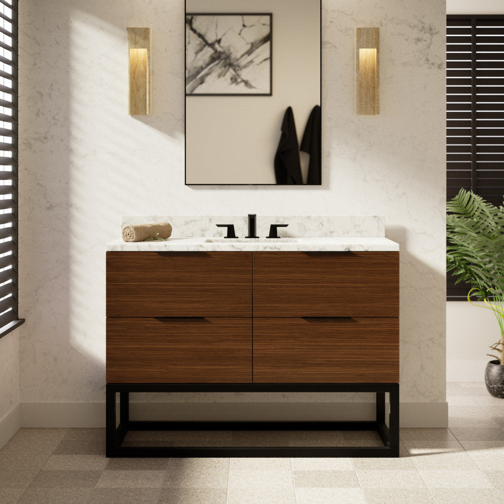 Mia 48" Bathroom Vanity, Walnut, Carrara Marble