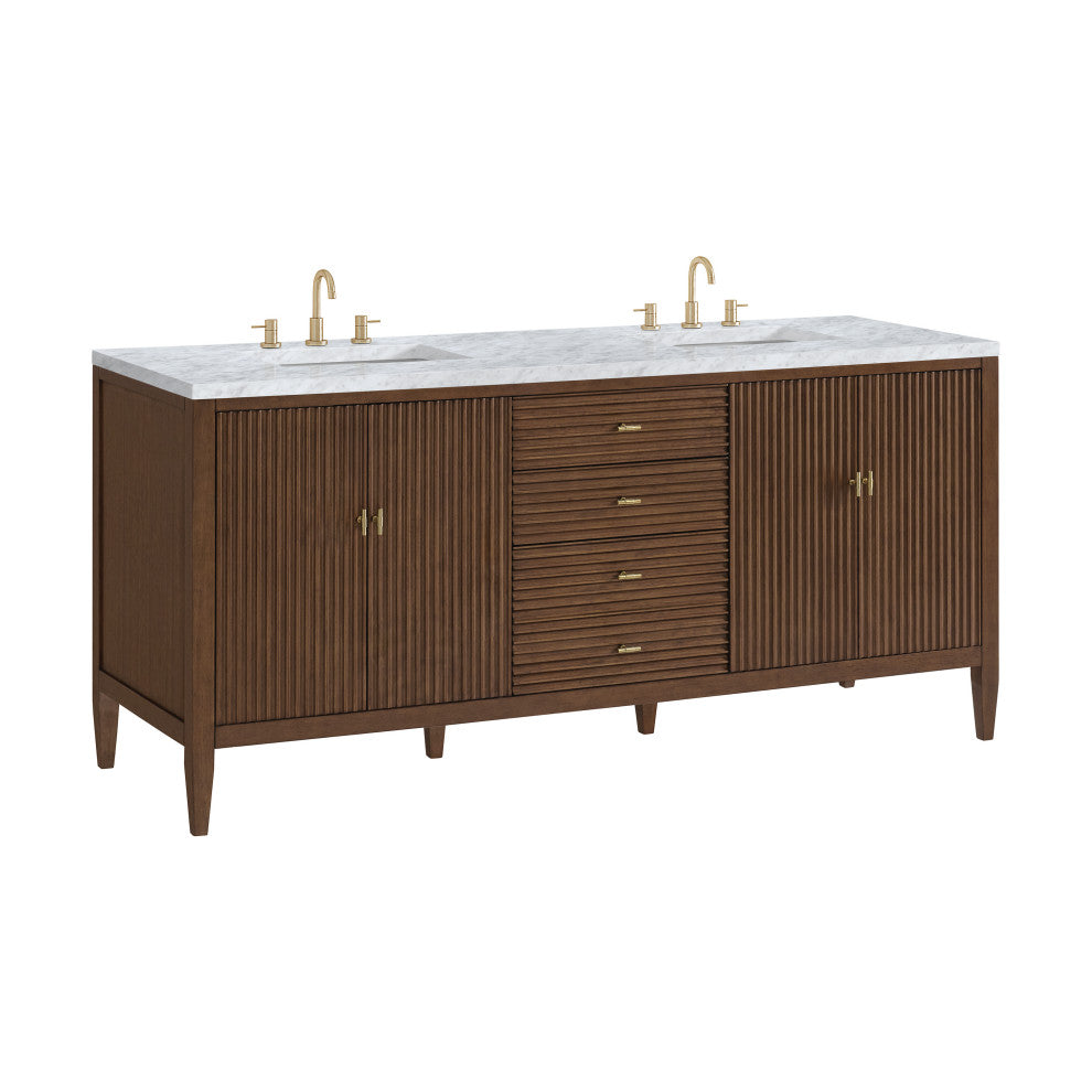 Myrrin 72" Double Vanity, Mid Century Walnut, 3 CM Carrara White Marble Top