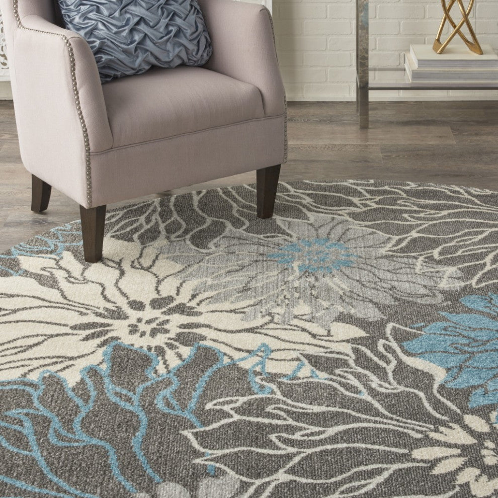 8 Round Charcoal and Blue Big Flower Area Rug