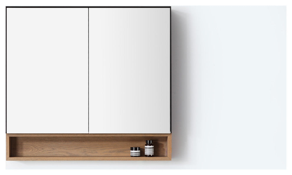 Bergen Modern Medicine Cabinet, Matte Black Frame, Pecan Oak Shelf, 36"