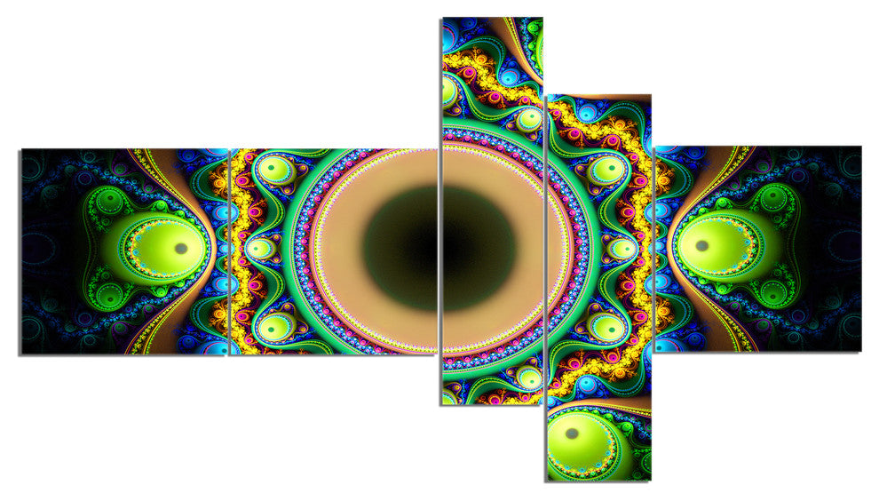 Green Fractal Pattern with Circles, Abstract Canvas Art Print, 60"x32", 5 panels