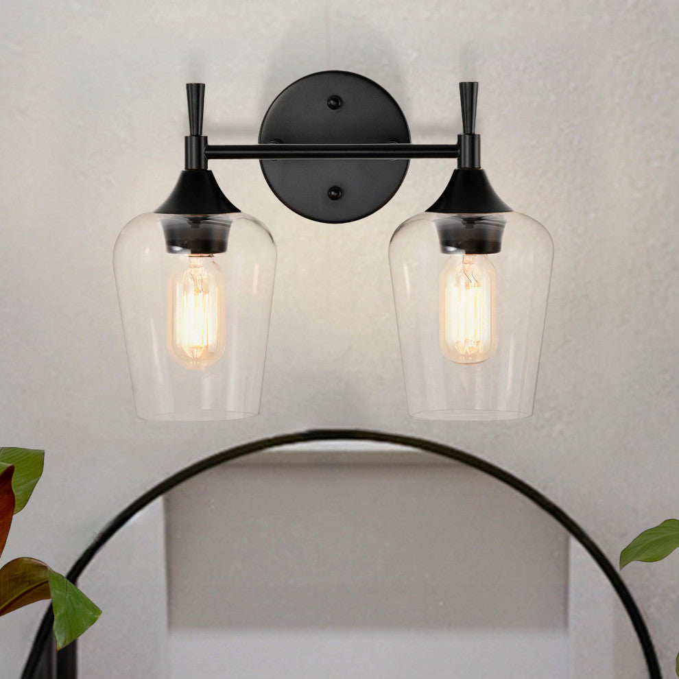13 in. 2-Lights Matte Black Vanity Light With Clear Wine Glass Shades