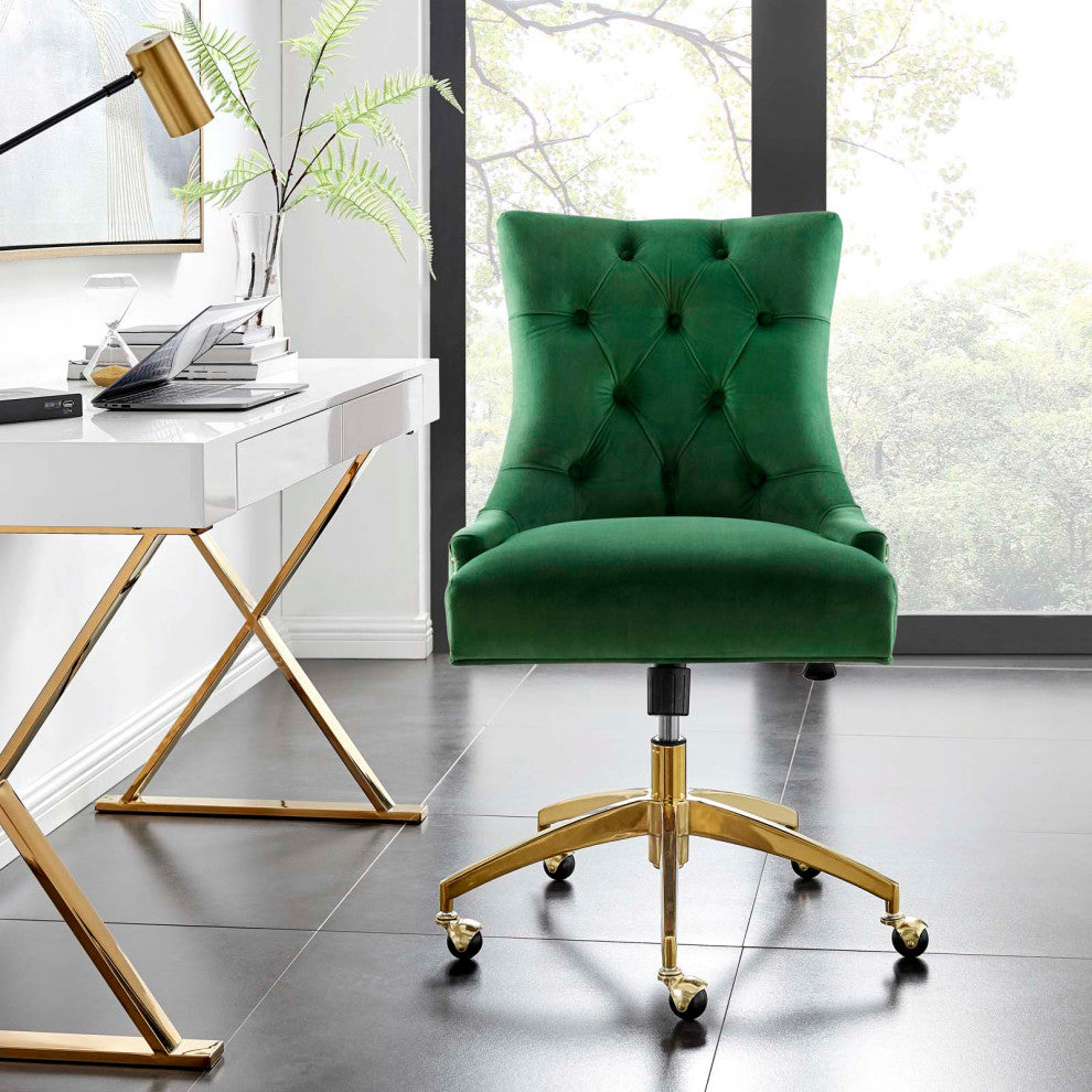 Computer Work Desk Tufted Chair, Velvet, Gold Green, Home Business Office