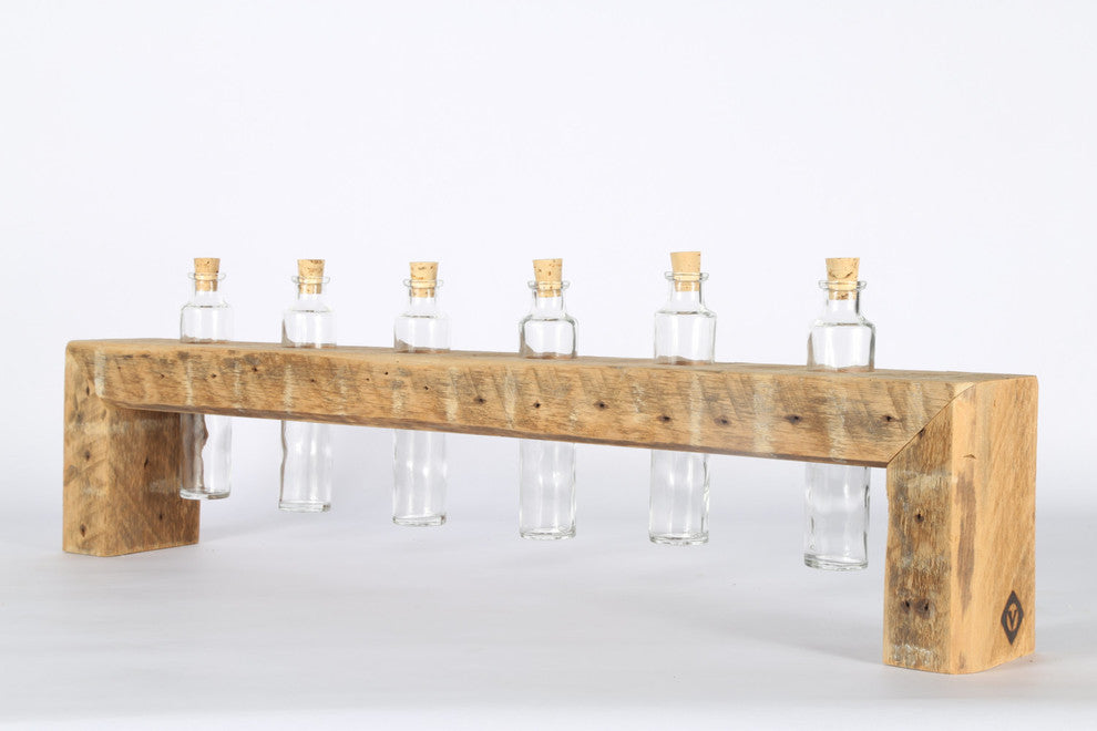 Glass Bud Vase Arrangement With Reclaimed Wood Holder, 6 Bottles
