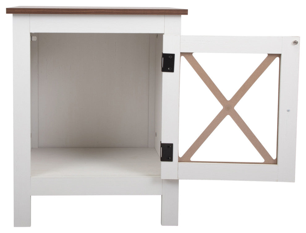 2 Set Wood Nightstand with Glass Door in White