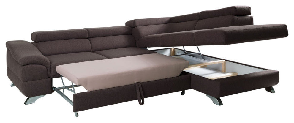 BELLA Sectional Sleeper Sofa, Brown, Right Facing