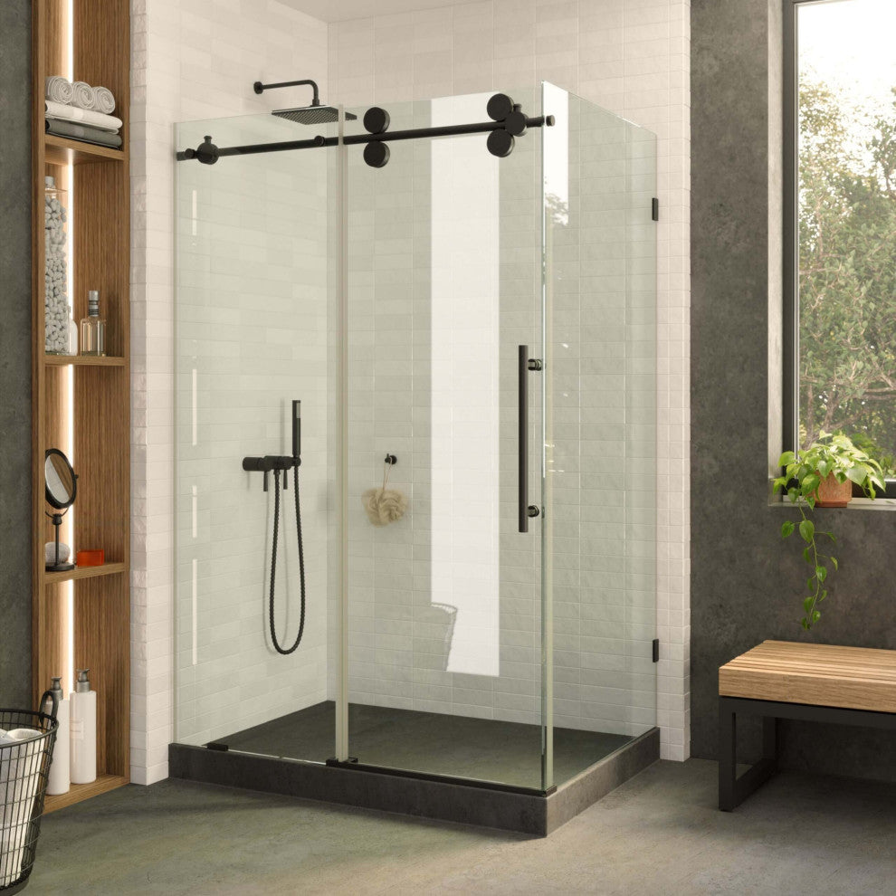Frameless Shower Enclosure Sliding Shower Glass Door - Tempered Glass, Black, 48"