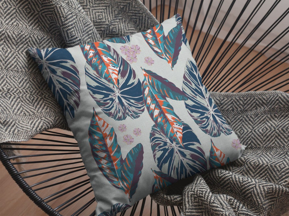 16" Blue Gray Tropical Leaf Suede Throw Pillow
